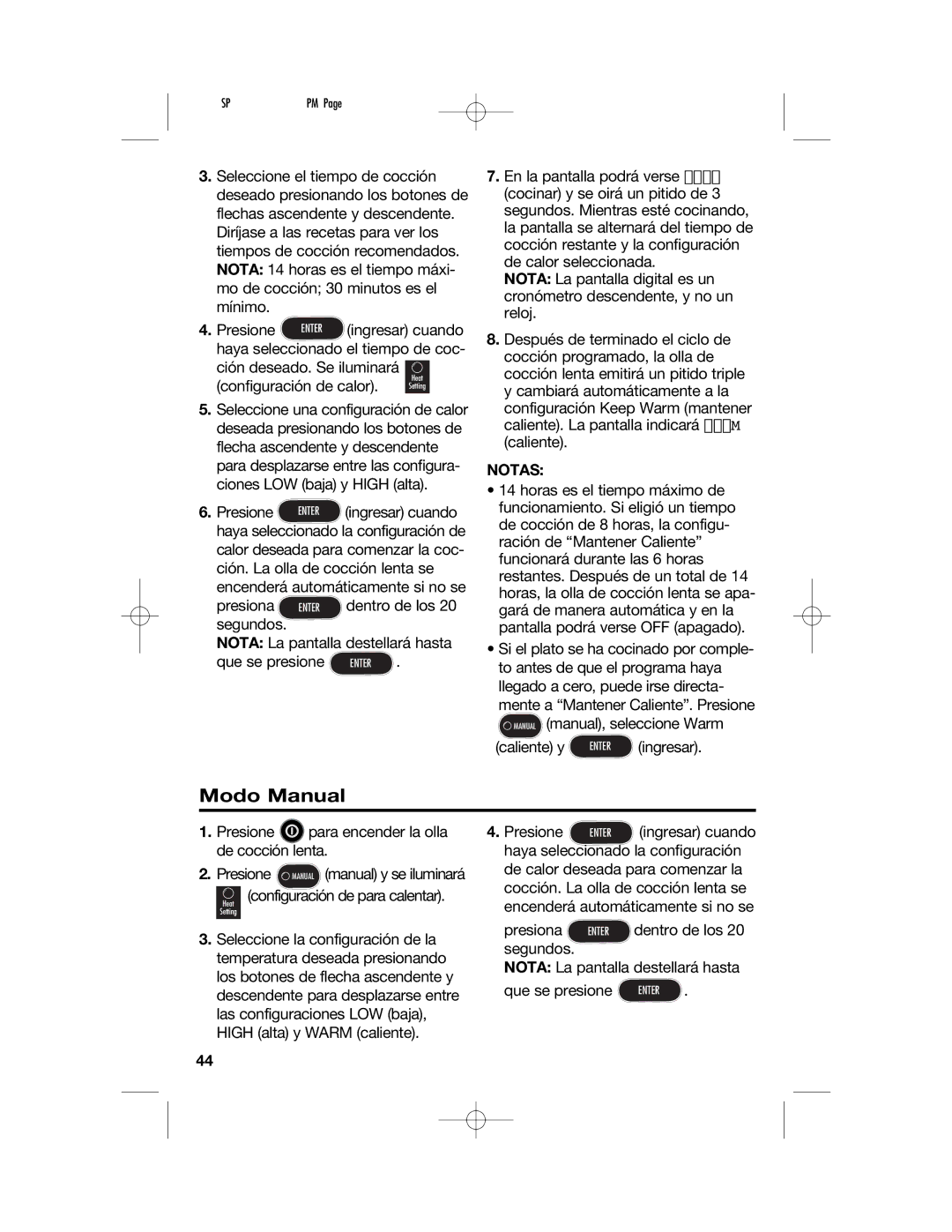 Proctor-Silex 840149500 manual Modo Manual, Notas 