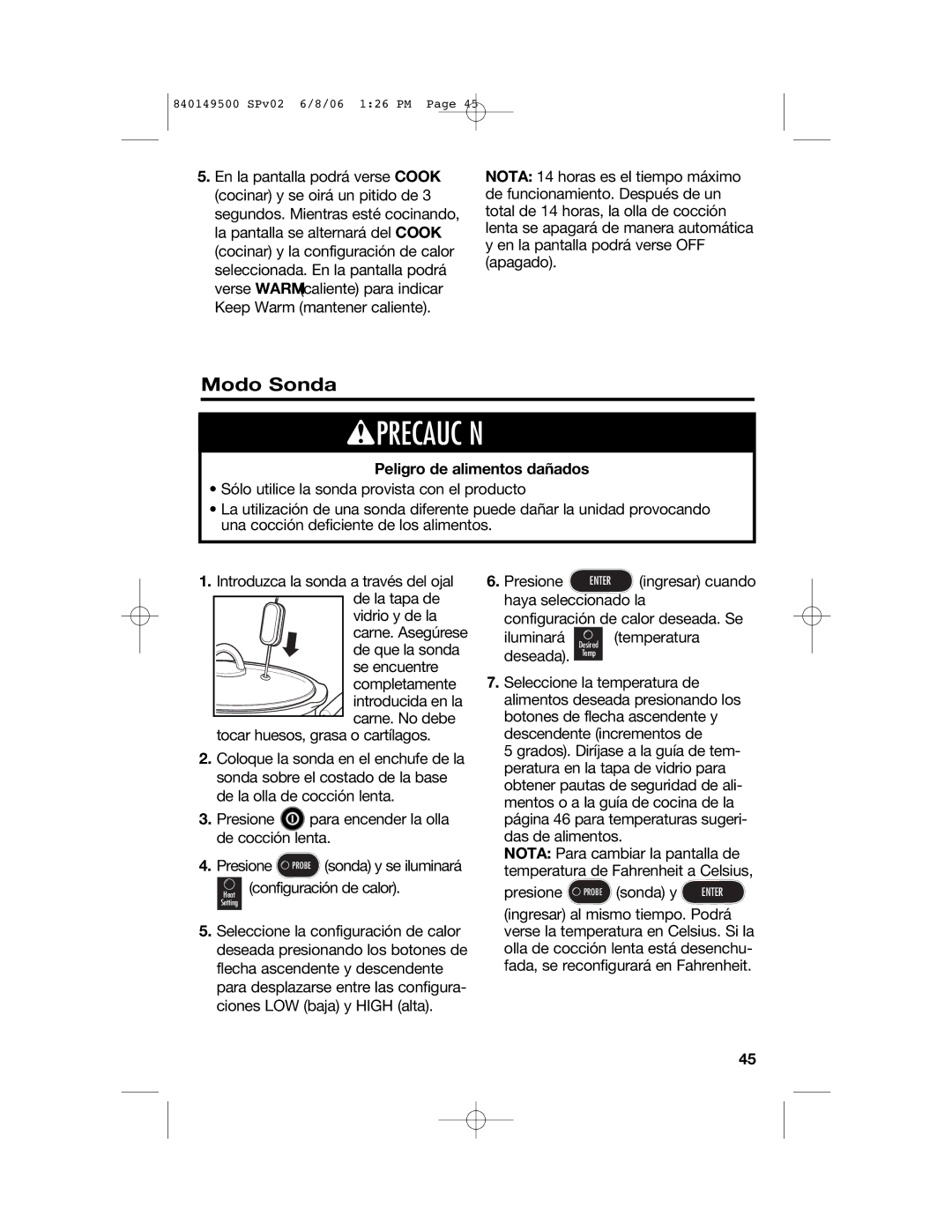 Proctor-Silex 840149500 manual Wprecaución, Modo Sonda 