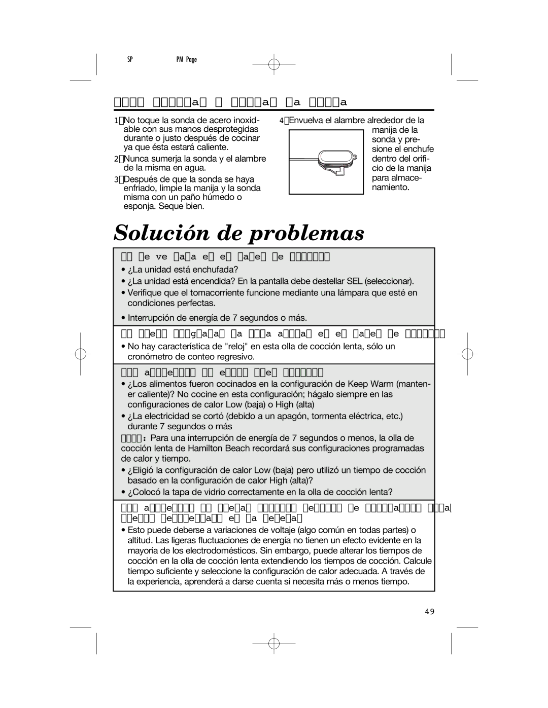 Proctor-Silex 840149500 manual Solución de problemas, Cómo limpiar y cuidar la sonda 