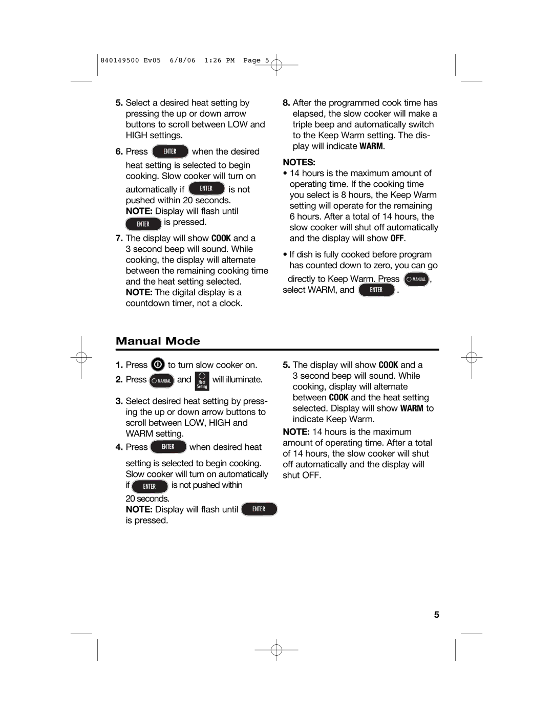 Proctor-Silex 840149500 manual Manual Mode 