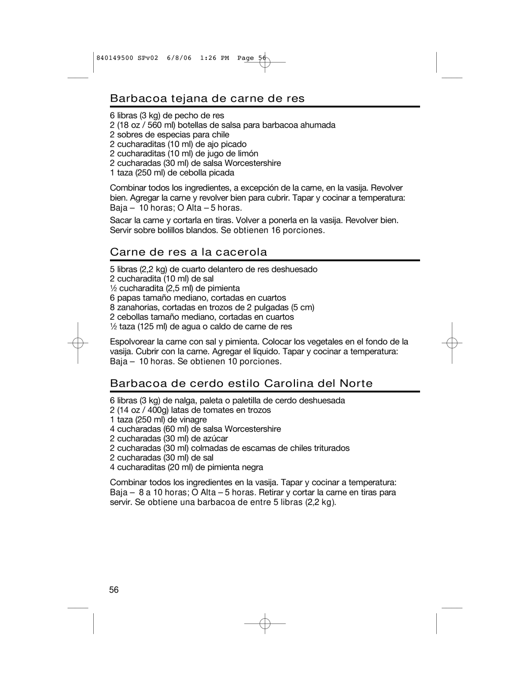 Proctor-Silex 840149500 manual Barbacoa tejana de carne de res, Carne de res a la cacerola 