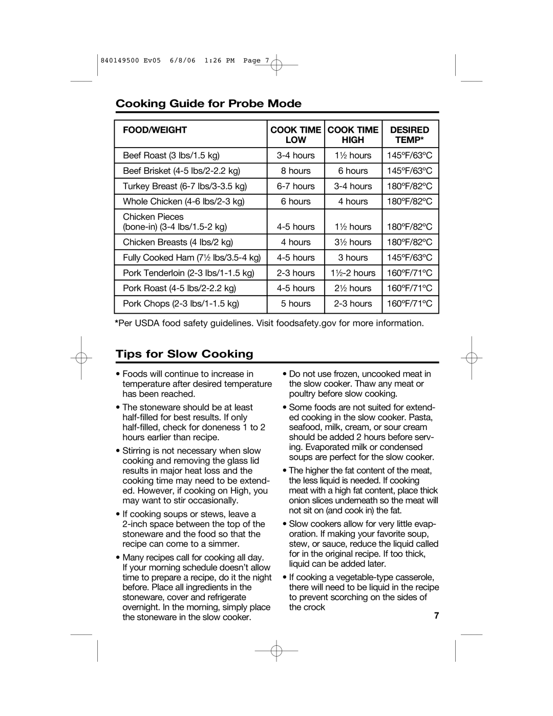 Proctor-Silex 840149500 manual Cooking Guide for Probe Mode, Tips for Slow Cooking 