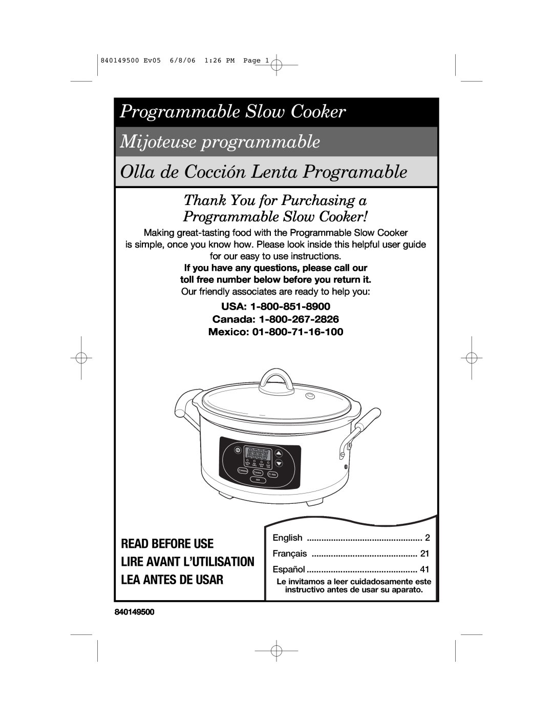 Proctor-Silex 840149500 manual Read Before Use, USA Canada Mexico, Lire Avant L’Utilisation Lea Antes De Usar, English 