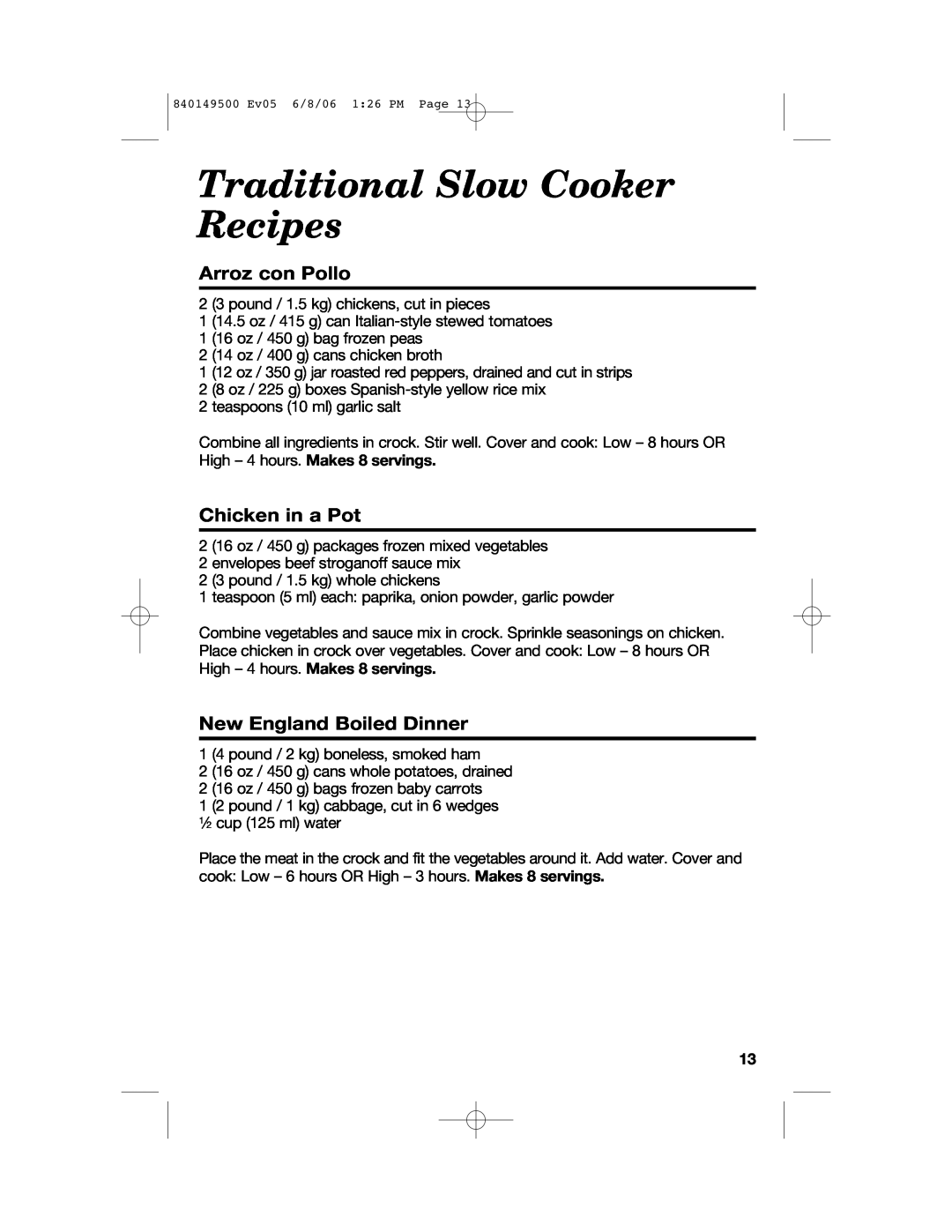 Proctor-Silex 840149500 Traditional Slow Cooker Recipes, Arroz con Pollo, Chicken in a Pot, New England Boiled Dinner 