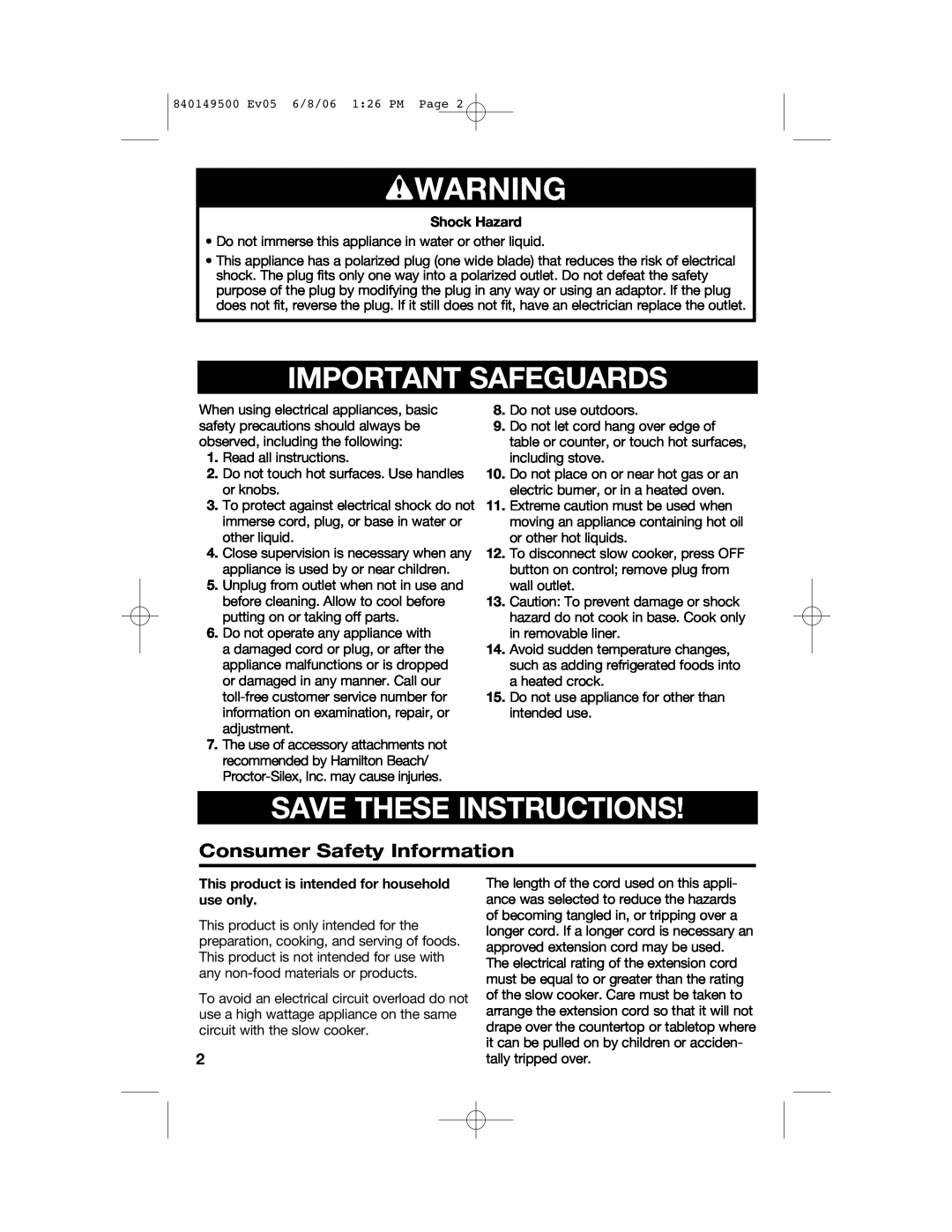 Proctor-Silex 840149500 wWARNING, Important Safeguards, Save These Instructions, Consumer Safety Information, Shock Hazard 