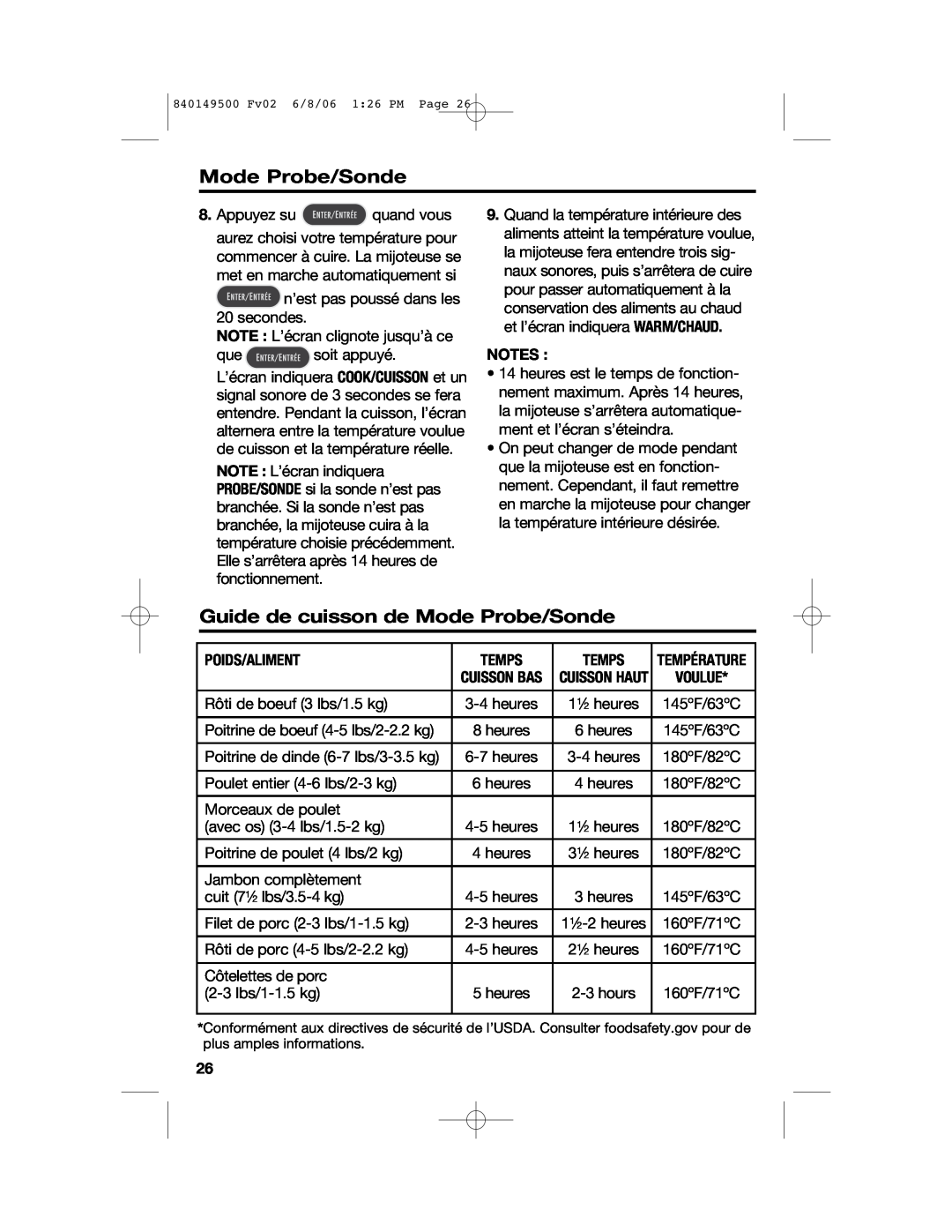 Proctor-Silex 840149500 manual Guide de cuisson de Mode Probe/Sonde, Poids/Aliment, Temps 
