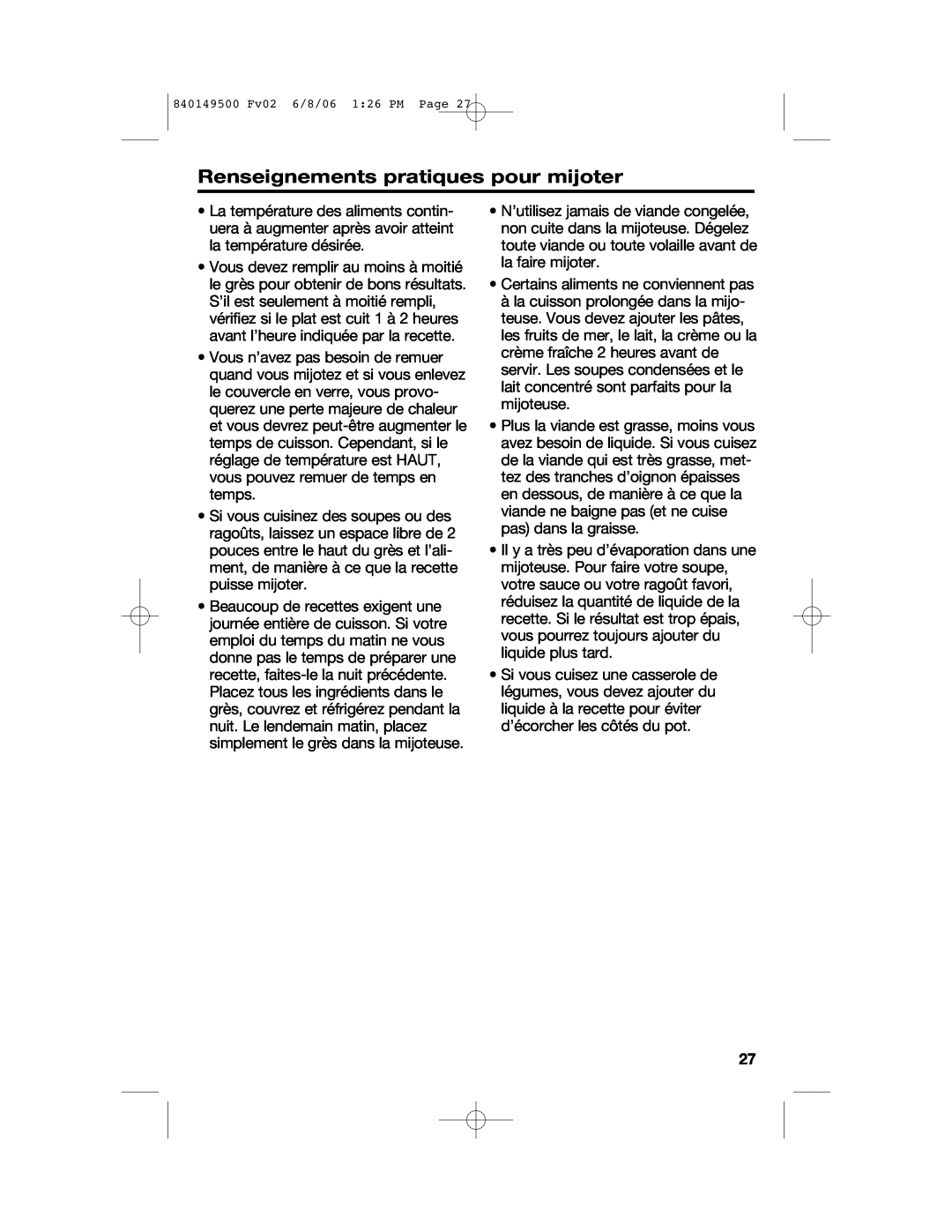 Proctor-Silex 840149500 manual Renseignements pratiques pour mijoter 