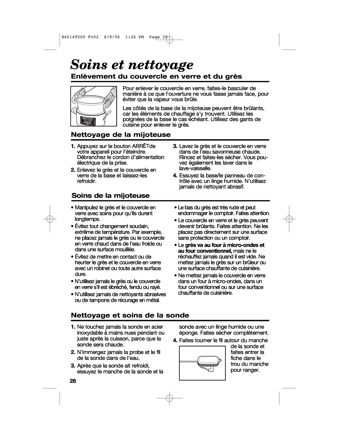Proctor-Silex 840149500 manual Soins et nettoyage, Enlèvement du couvercle en verre et du grès, Nettoyage de la mijoteuse 