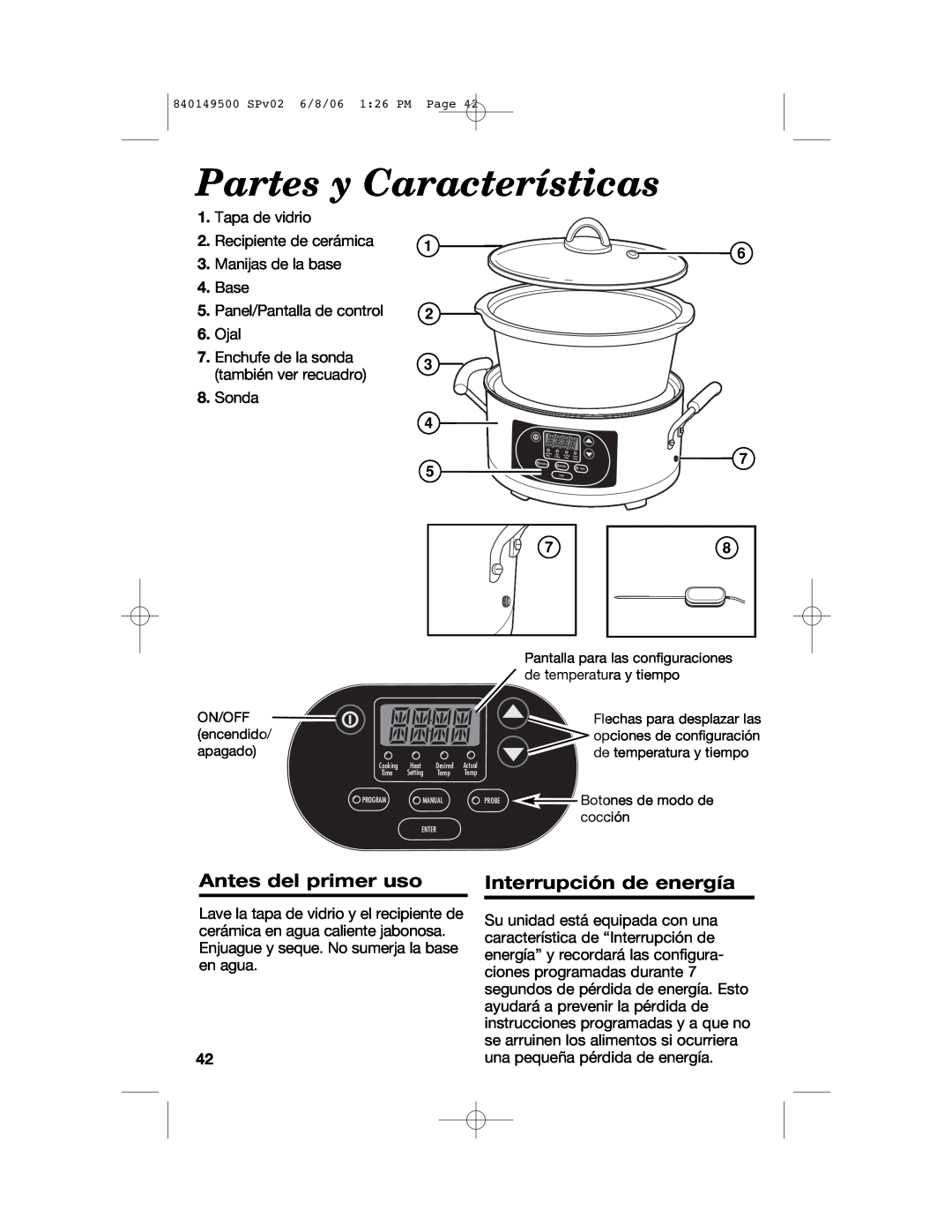 Proctor-Silex 840149500 manual Partes y Características, Antes del primer uso, Interrupción de energía 