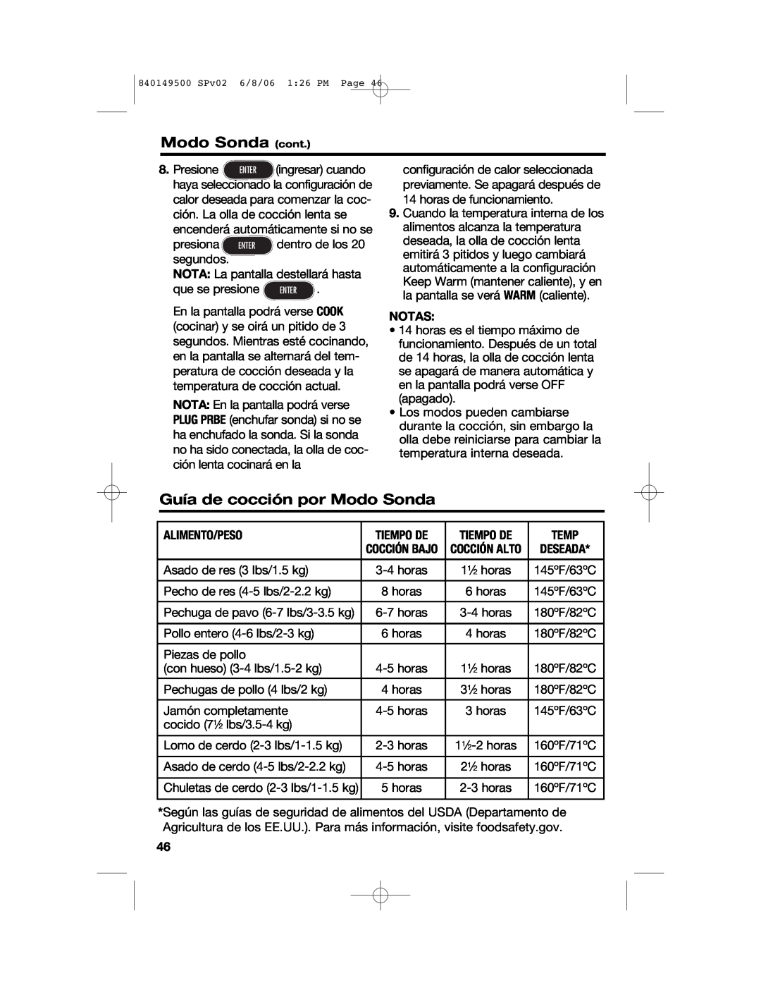 Proctor-Silex 840149500 manual Modo Sonda cont, Guía de cocción por Modo Sonda, Alimento/Peso, Tiempo De, Notas, Temp 