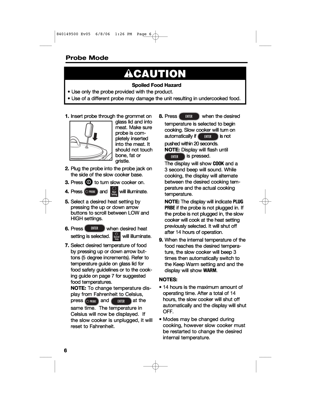 Proctor-Silex 840149500 manual wCAUTION, Probe Mode, Spoiled Food Hazard, automatically if 