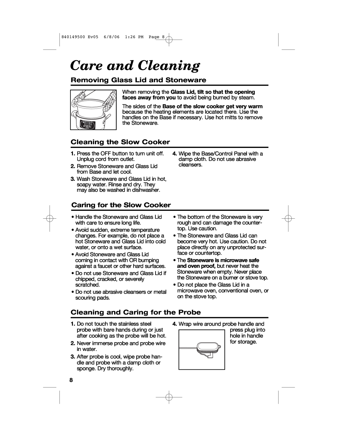 Proctor-Silex 840149500 manual Care and Cleaning, Removing Glass Lid and Stoneware, Cleaning the Slow Cooker 
