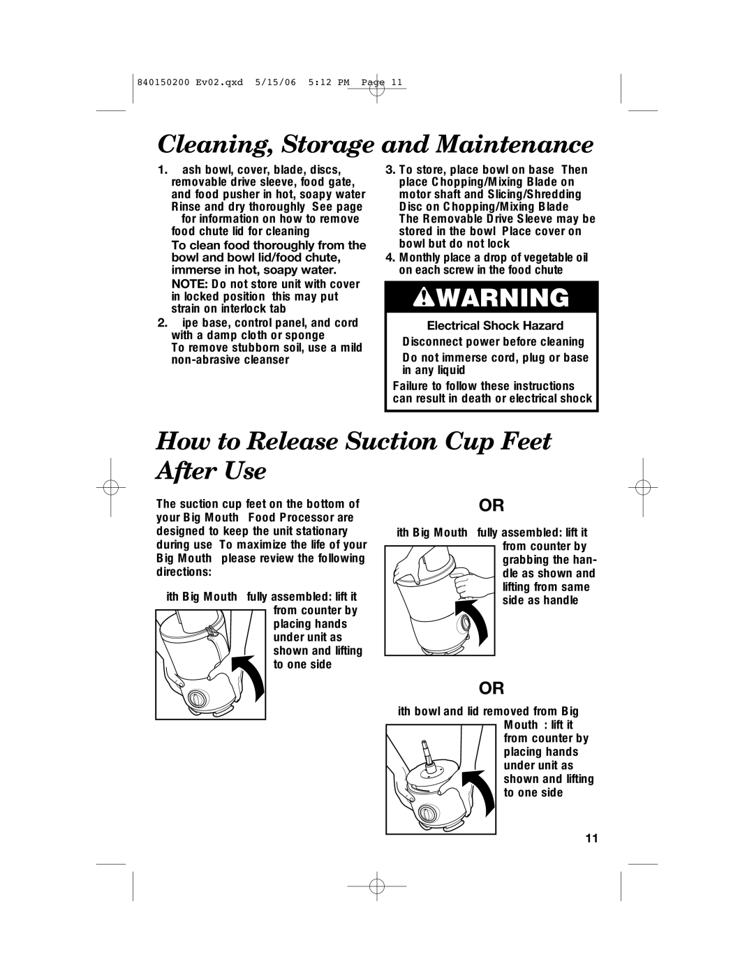 Proctor-Silex 840150200 manual Cleaning, Storage and Maintenance, Electrical Shock Hazard 