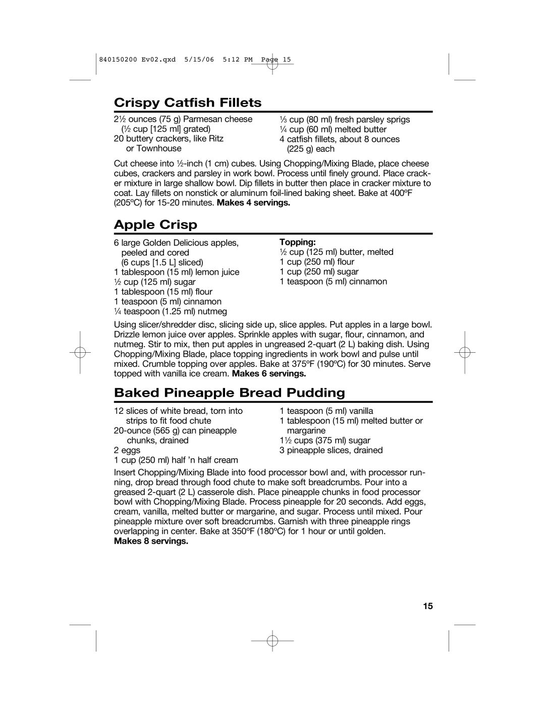 Proctor-Silex 840150200 manual Crispy Catfish Fillets, Apple Crisp, Baked Pineapple Bread Pudding, Topping 