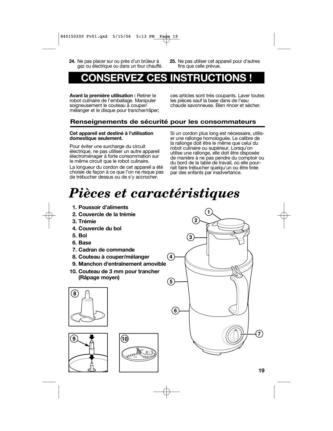 Proctor-Silex 840150200 manual Pièces et caractéristiques, Conservez CES Instructions 