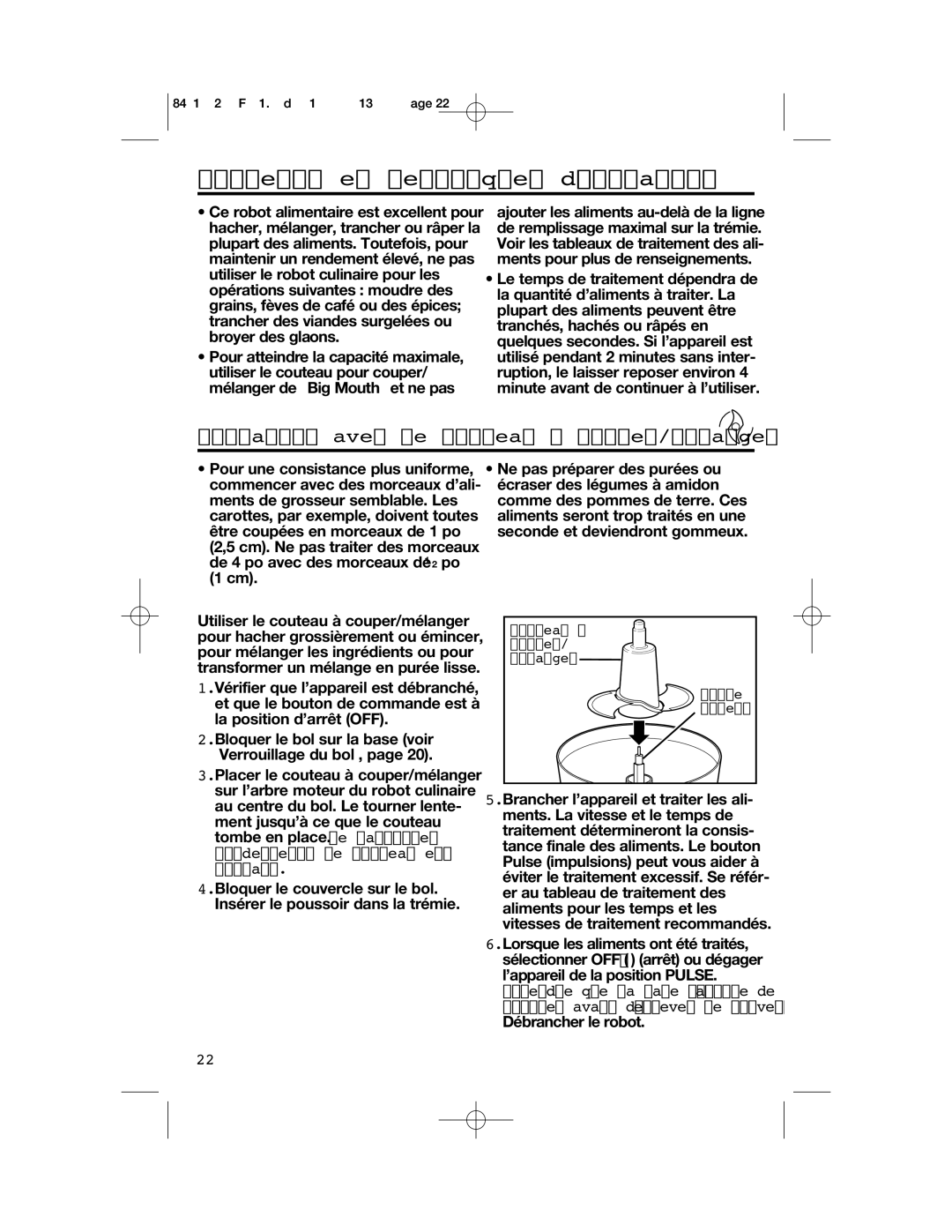 Proctor-Silex 840150200 manual Conseils et techniques d’opération, Opération avec le couteau à couper/mélanger 