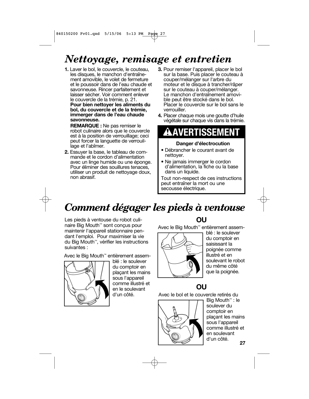 Proctor-Silex 840150200 manual Nettoyage, remisage et entretien 