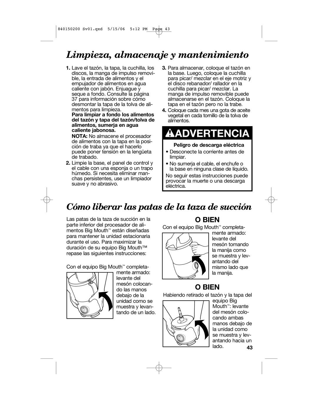 Proctor-Silex 840150200 manual Limpieza, almacenaje y mantenimiento, Peligro de descarga eléctrica 