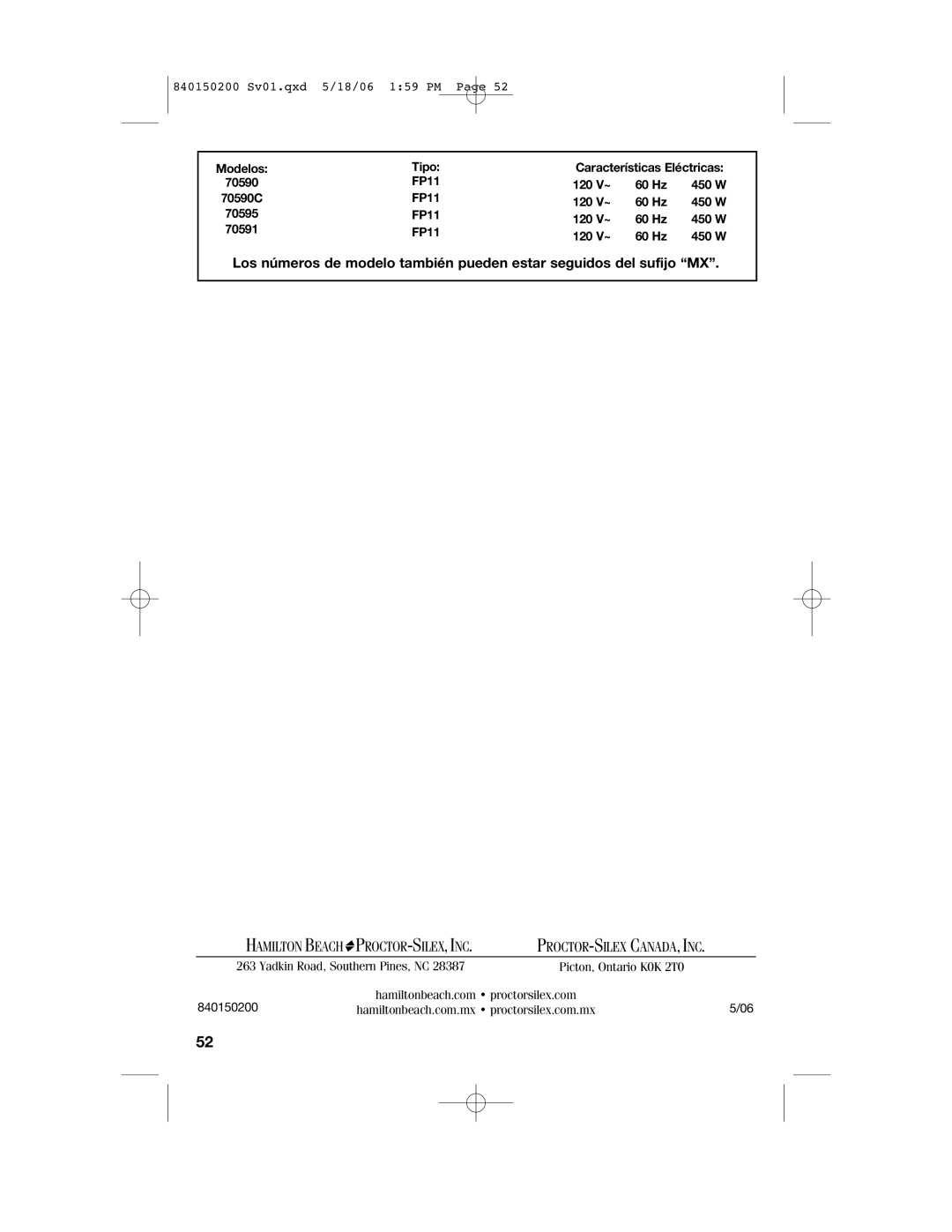 Proctor-Silex 840150200 manual Hamilton Beach PROCTOR-SILEX, INC 