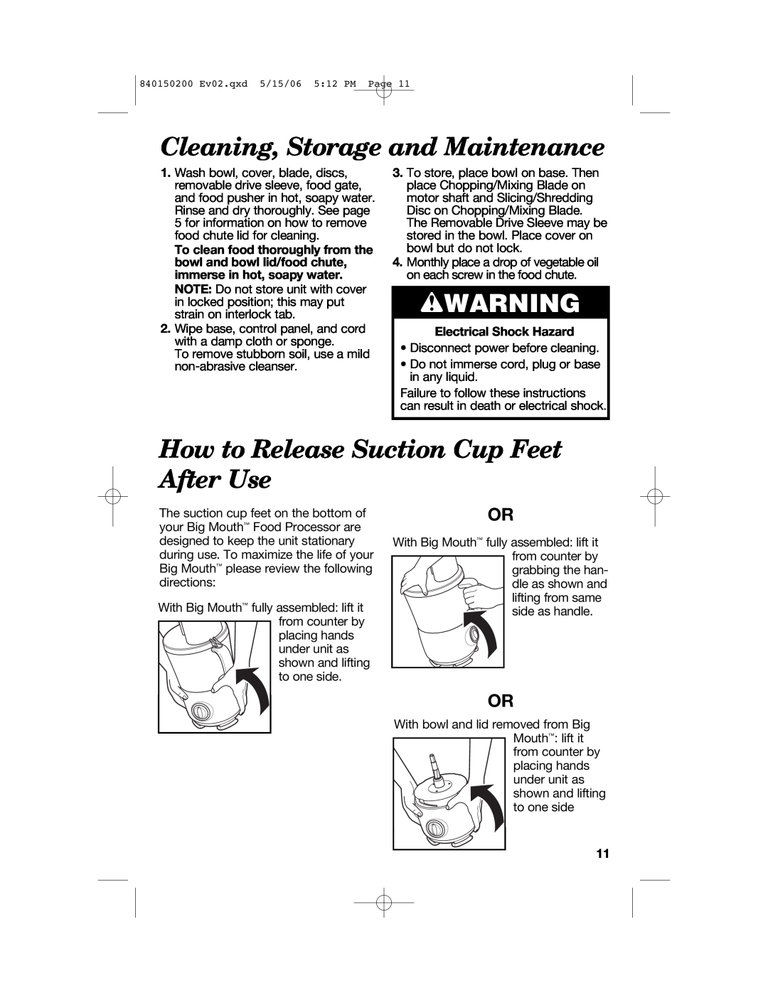 Proctor-Silex 840150200 manual Cleaning, Storage and Maintenance, How to Release Suction Cup Feet After Use, wWARNING 