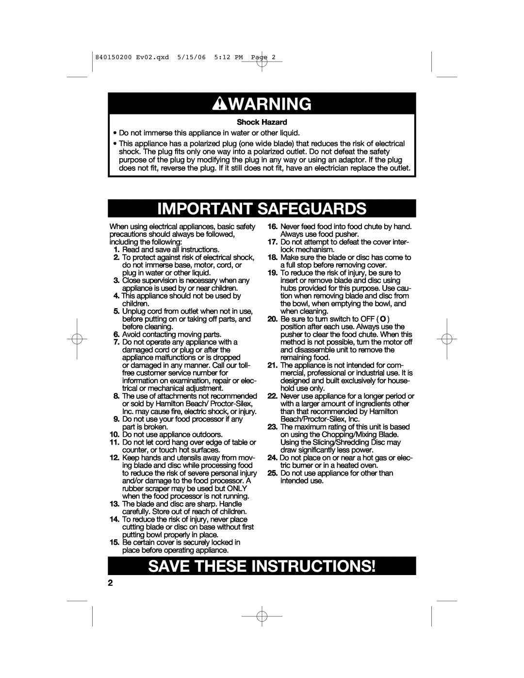 Proctor-Silex 840150200 manual wWARNING, Important Safeguards, Save These Instructions 