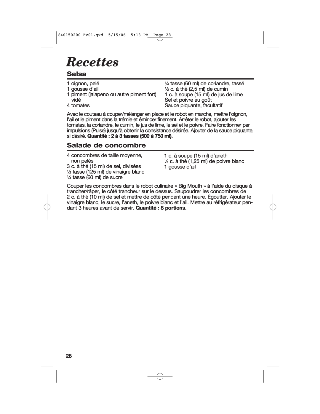Proctor-Silex 840150200 manual Recettes, Salsa, Salade de concombre 