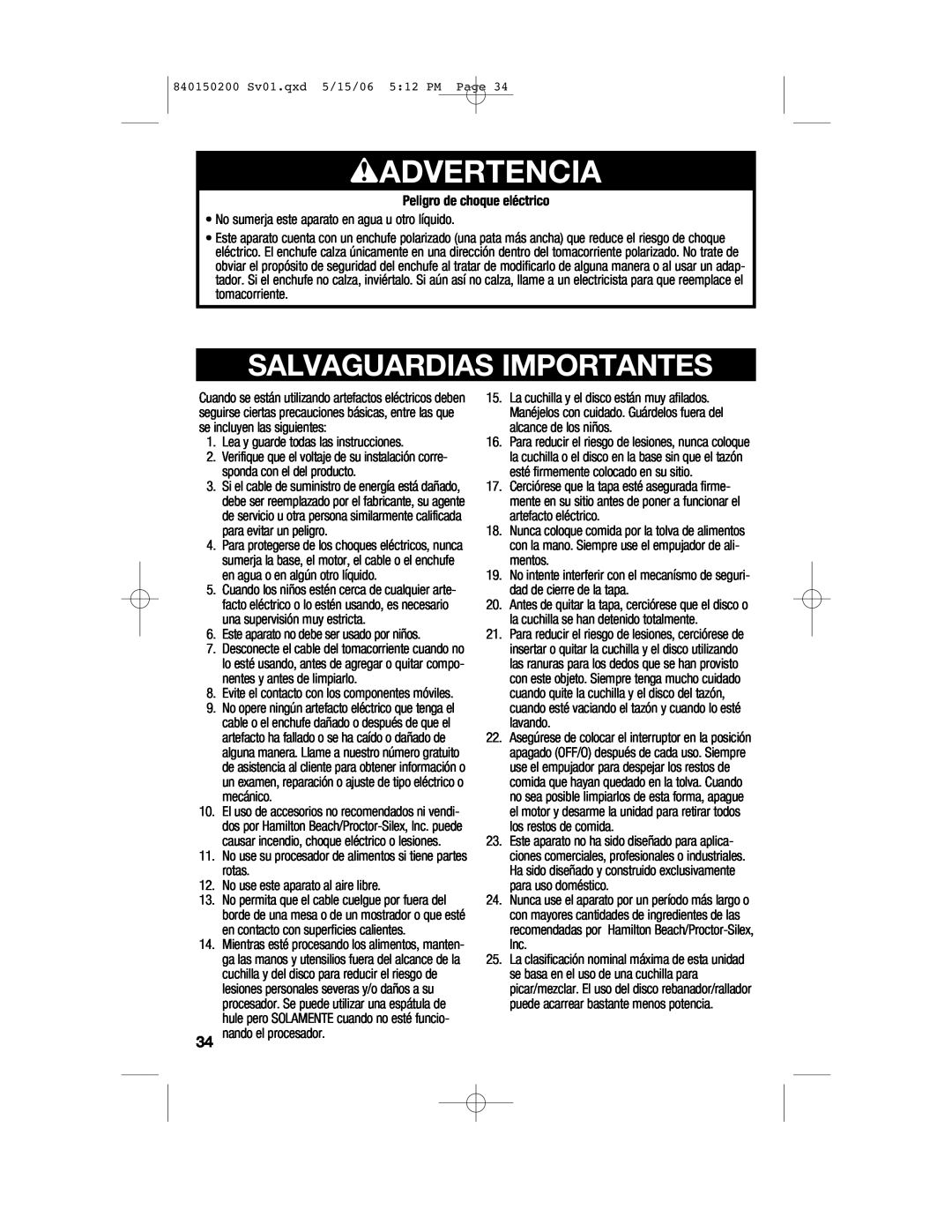 Proctor-Silex 840150200 manual wADVERTENCIA, Salvaguardias Importantes 