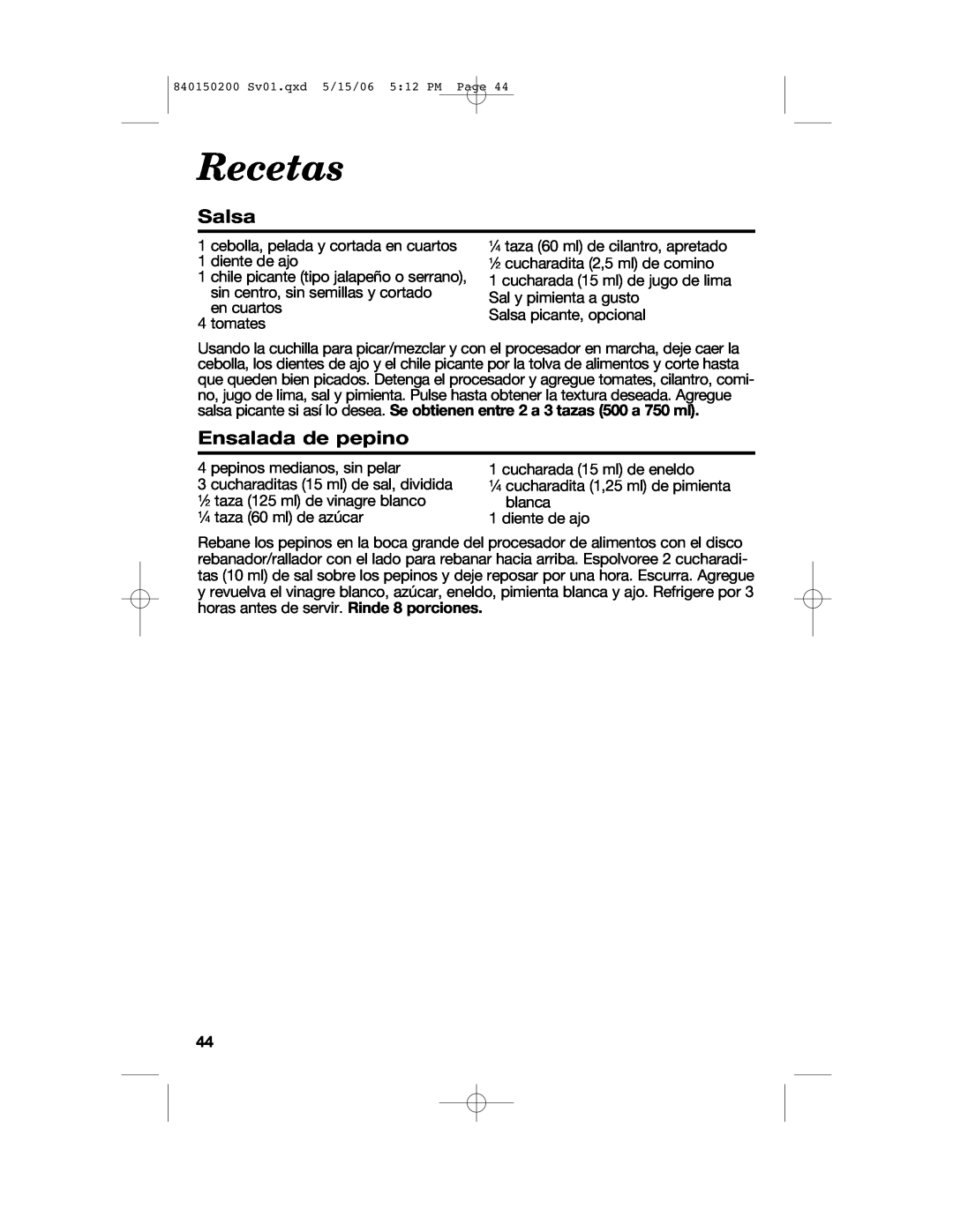 Proctor-Silex 840150200 manual Recetas, Ensalada de pepino, Salsa 
