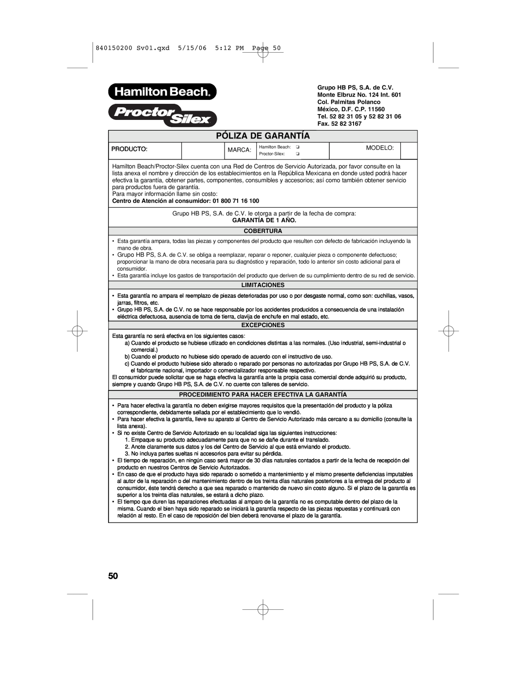 Proctor-Silex manual Póliza De Garantía, 840150200 Sv01.qxd 5/15/06 512 PM Page, Fax, Centro de Atención al consumidor 