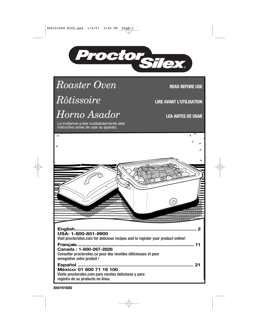 Proctor-Silex 840161600 manual Roaster Oven Rôtissoire Horno Asador 