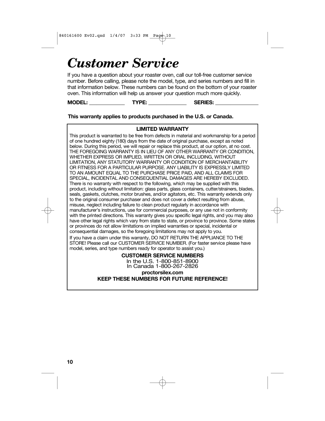 Proctor-Silex 840161600 manual Limited Warranty, Customer Service Numbers, Keep These Numbers for Future Reference 