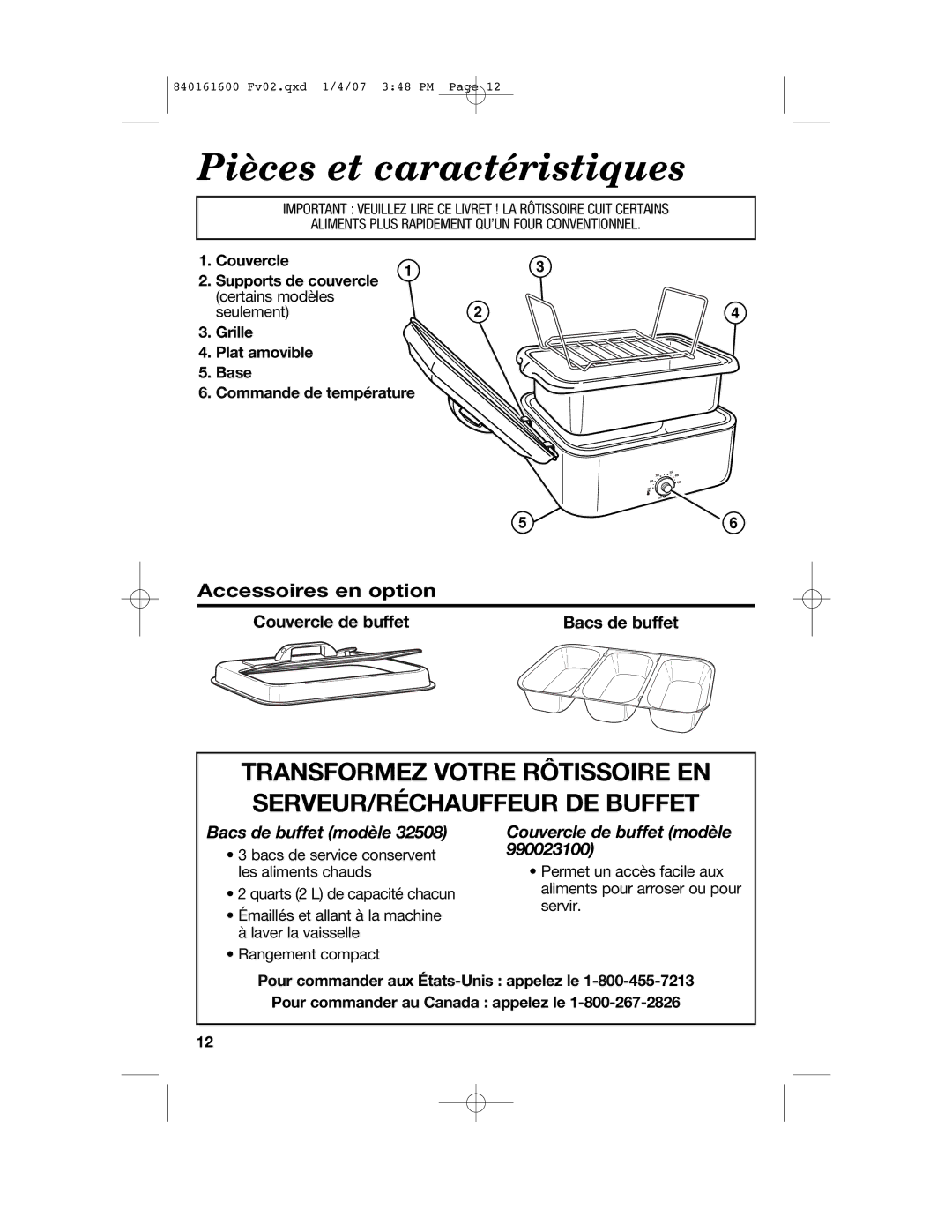 Proctor-Silex 840161600 manual Pièces et caractéristiques, Accessoires en option 