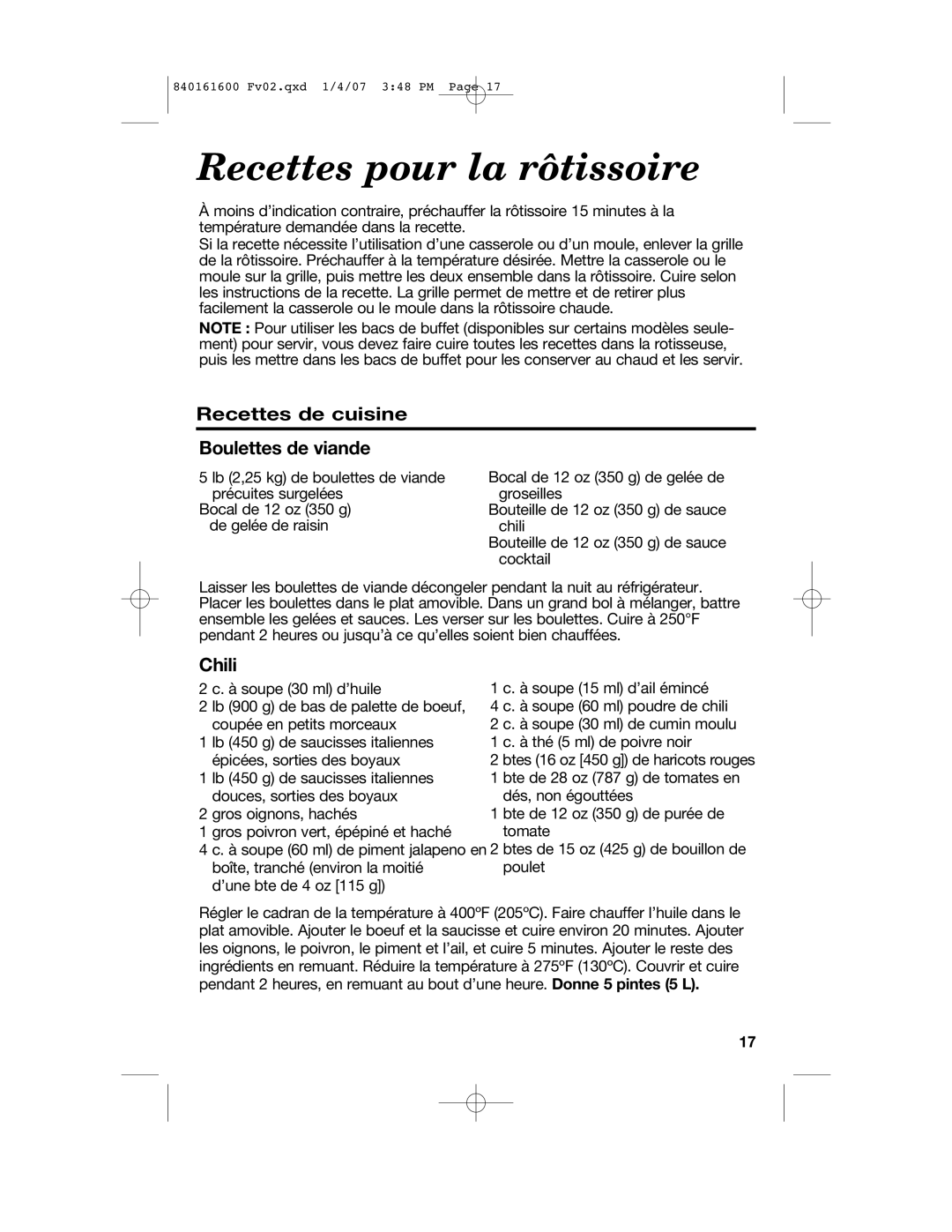 Proctor-Silex 840161600 manual Recettes pour la rôtissoire, Recettes de cuisine Boulettes de viande 