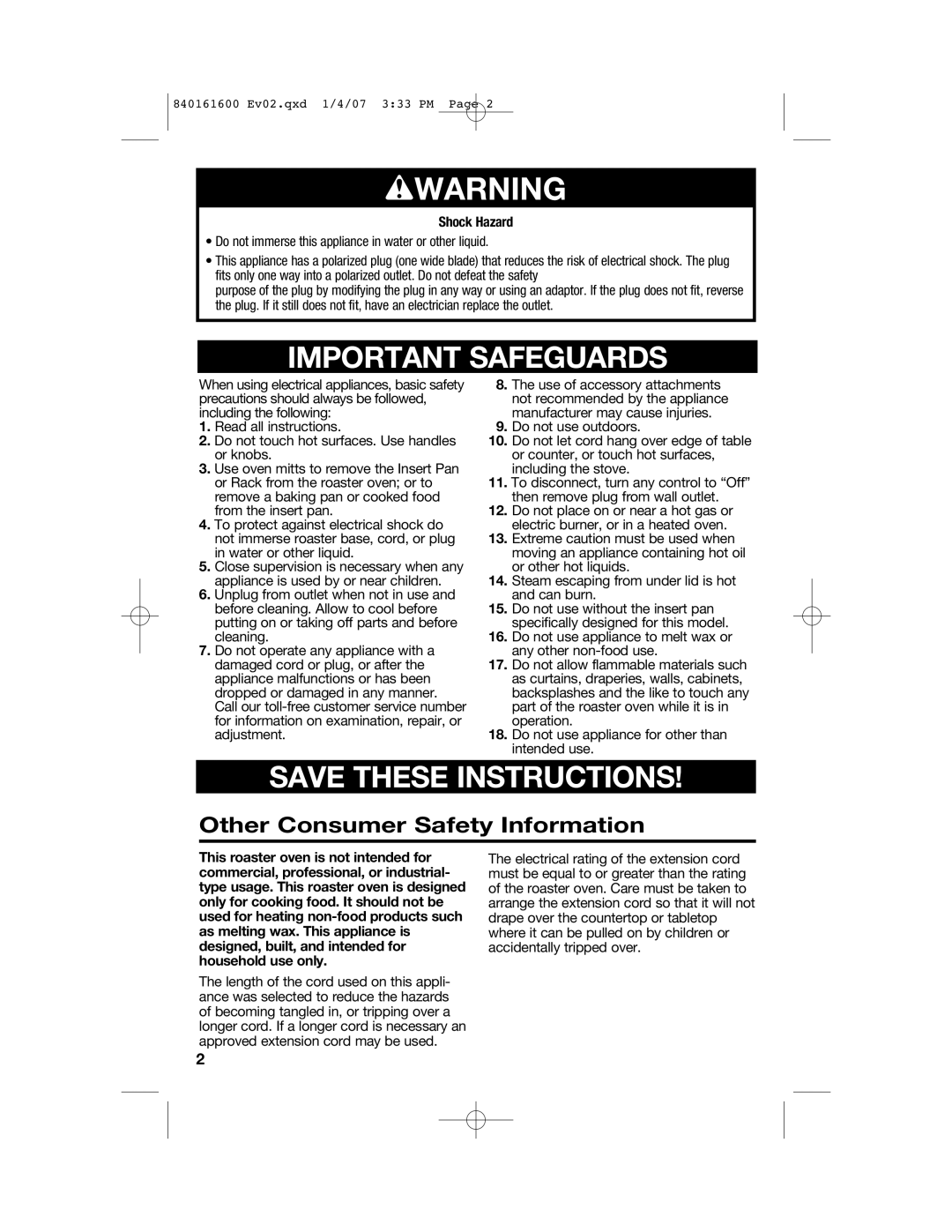 Proctor-Silex 840161600 manual Wwarning, Other Consumer Safety Information, Shock Hazard 