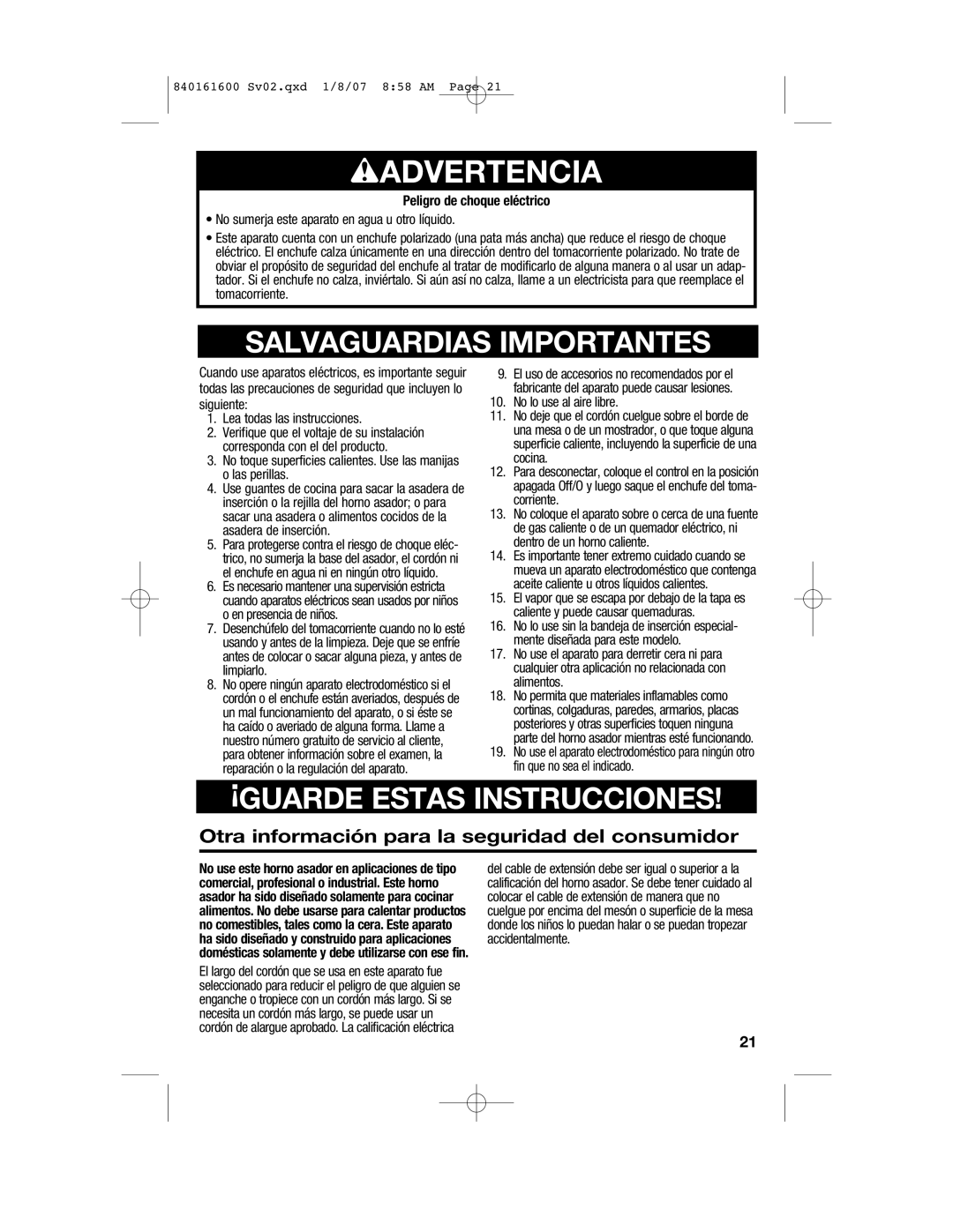 Proctor-Silex 840161600 manual Wadvertencia, Otra información para la seguridad del consumidor, Peligro de choque eléctrico 