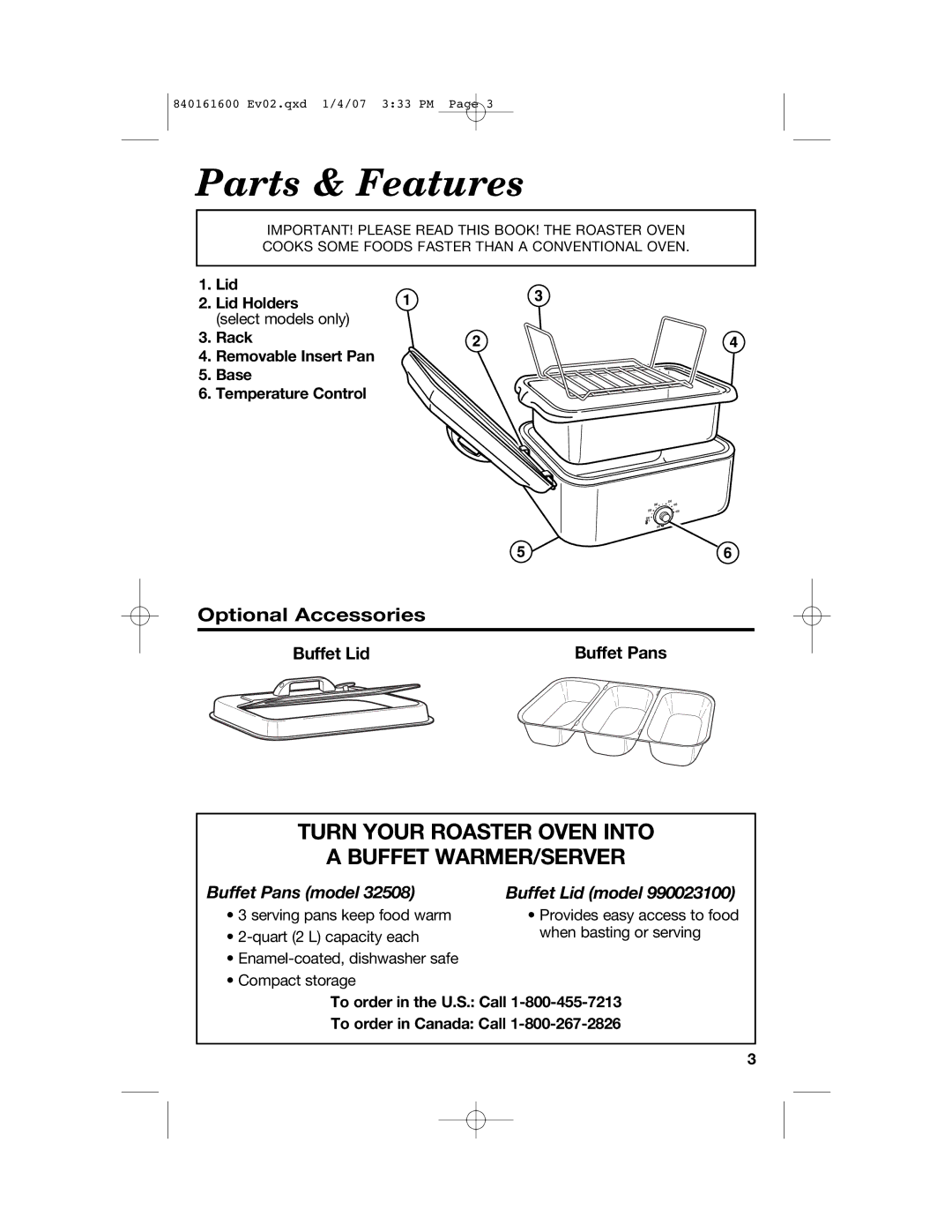 Proctor-Silex 840161600 manual Parts & Features, Optional Accessories 