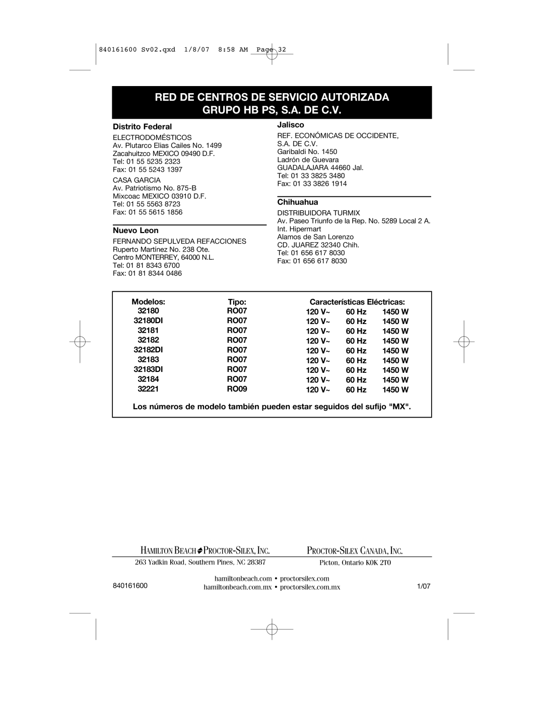 Proctor-Silex 840161600 manual Distrito Federal, Nuevo Leon, Jalisco, Chihuahua, Modelos Tipo, RO07 120 V~ 60 Hz 