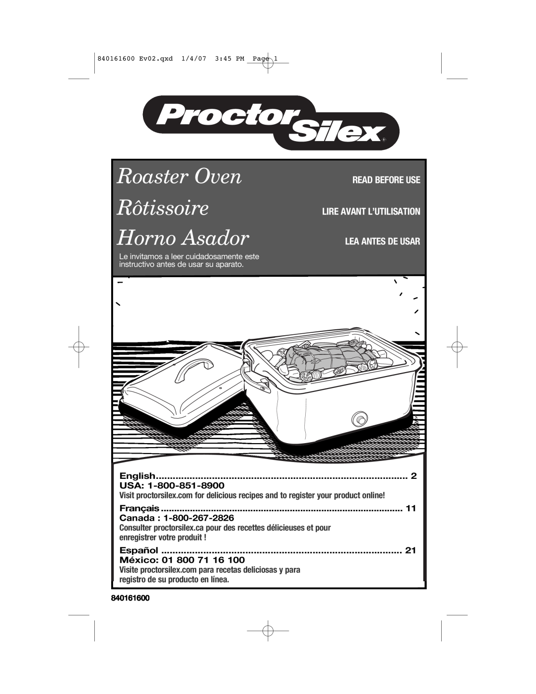 Proctor-Silex 840161600 manual English, Usa, Français, Canada, Español, México, Roaster Oven Rôtissoire Horno Asador 