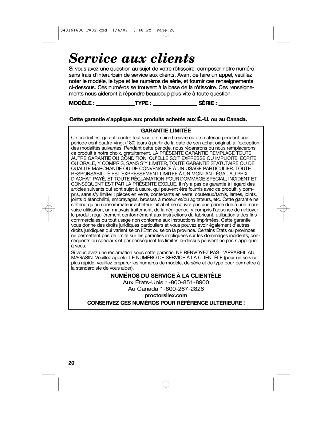 Proctor-Silex 840161600 manual Service aux clients, Numéros Du Service À La Clientèle, Garantie Limitée 