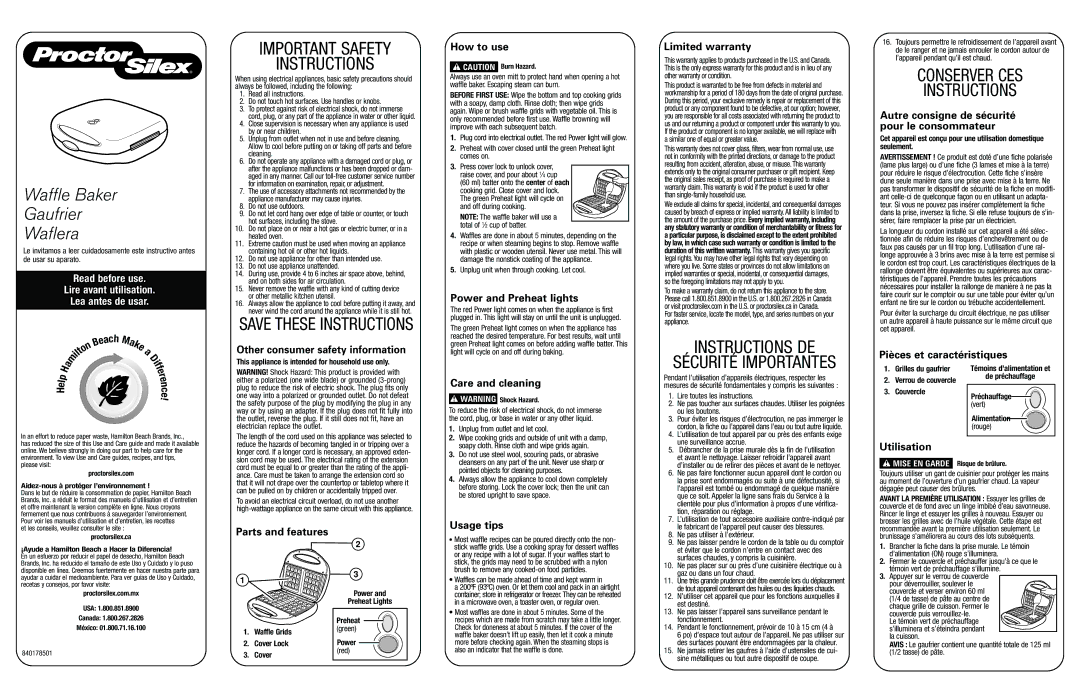 Proctor-Silex 840178501 important safety instructions How to use, Power and Preheat lights, Limited warranty, Usage tips 