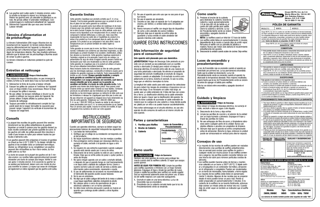 Proctor-Silex 840178501 Témoins d’alimentation et de préchauffage, Entretien et nettoyage, Conseils, Garantie limitée 