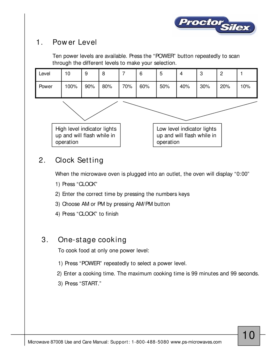Proctor-Silex 87008 owner manual Power Level, Clock Setting, One-stage cooking 