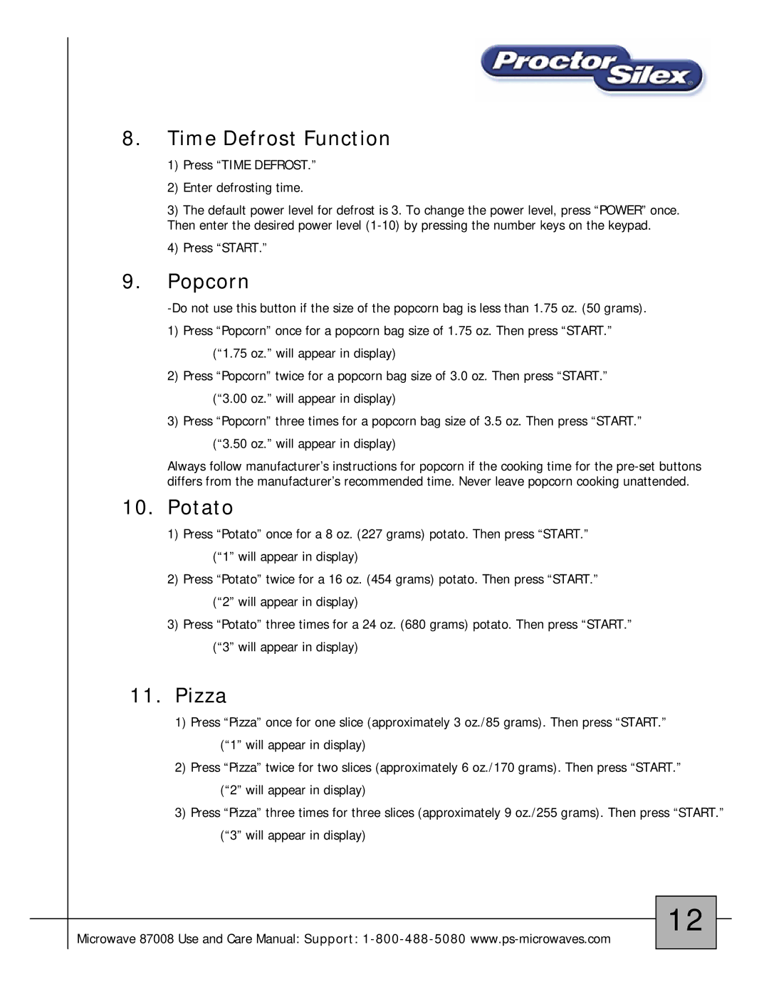 Proctor-Silex 87008 owner manual Time Defrost Function, Popcorn, Potato, Pizza 