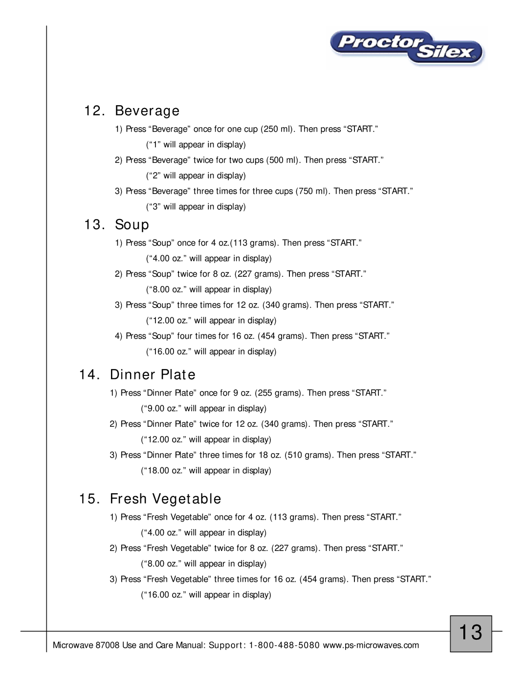 Proctor-Silex 87008 owner manual Beverage, Soup, Dinner Plate, Fresh Vegetable 