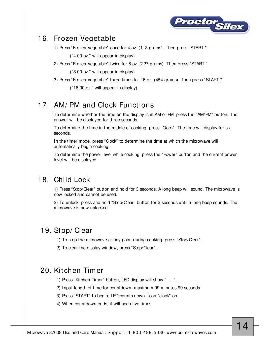 Proctor-Silex 87008 owner manual Frozen Vegetable, 17. AM/PM and Clock Functions, Child Lock, Stop/Clear, Kitchen Timer 