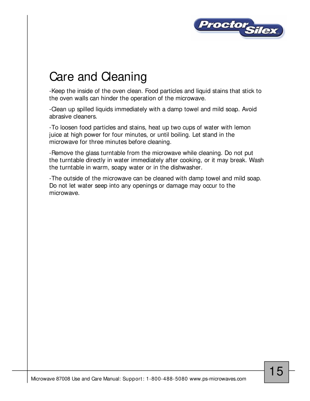 Proctor-Silex 87008 owner manual Care and Cleaning 