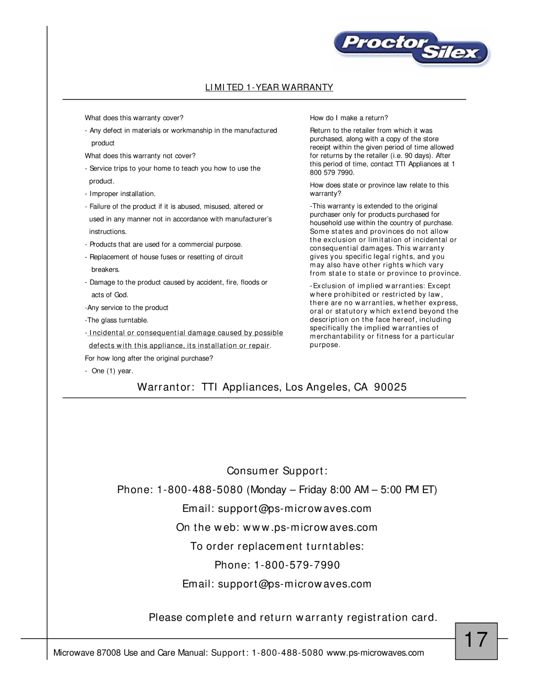 Proctor-Silex 87008 owner manual Warrantor TTI Appliances, Los Angeles, CA Consumer Support 