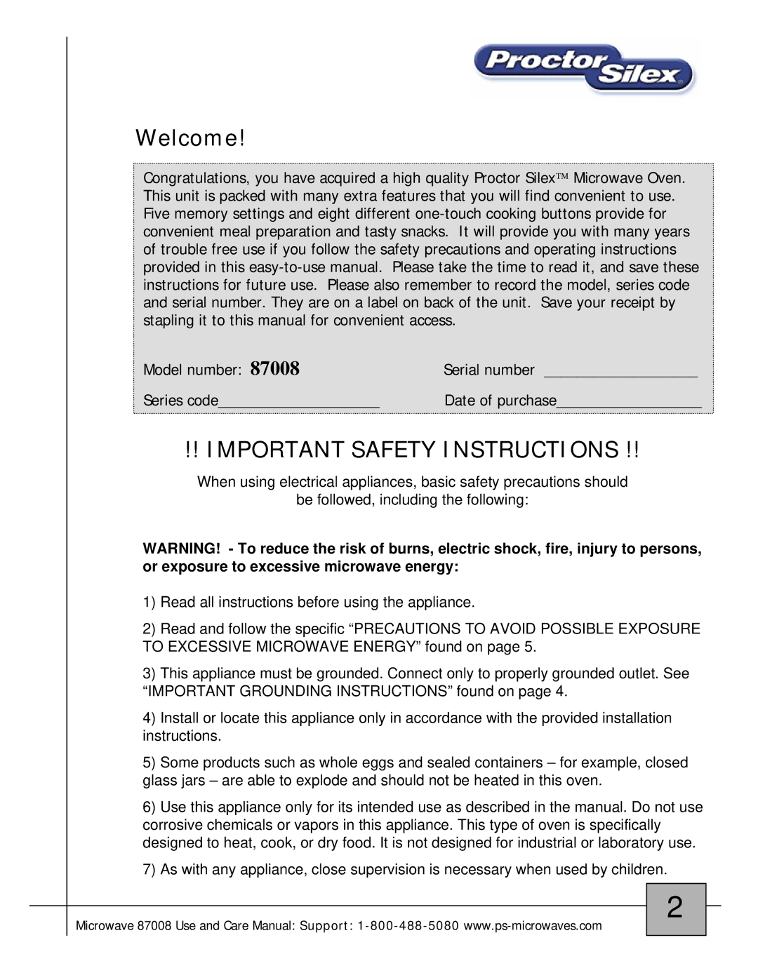 Proctor-Silex 87008 owner manual Important Safety Instructions 