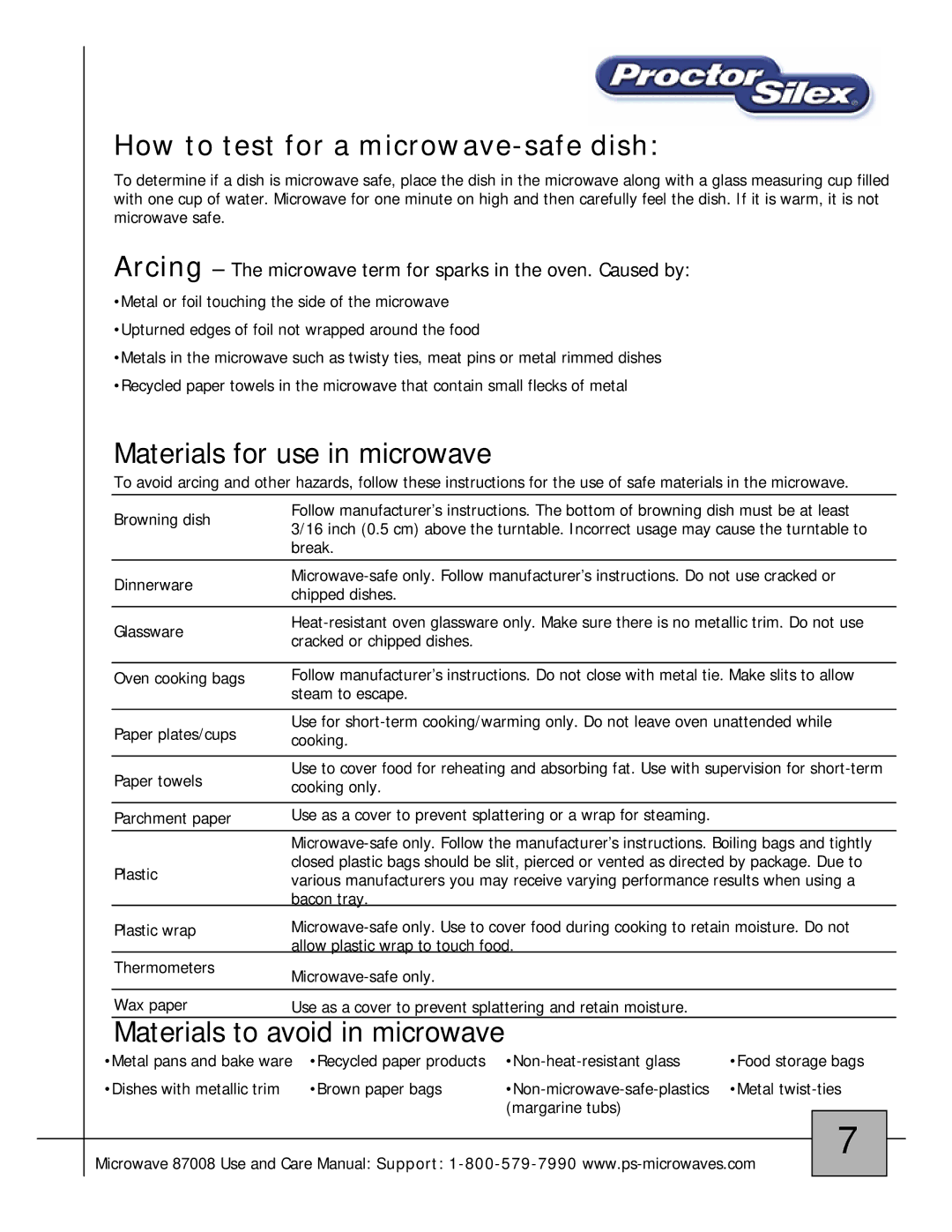 Proctor-Silex 87008 owner manual How to test for a microwave-safe dish 