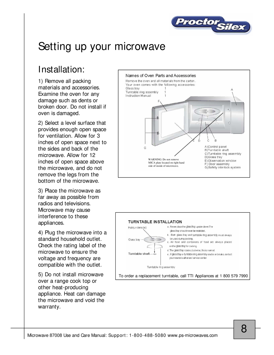 Proctor-Silex 87008 owner manual Setting up your microwave, Installation 